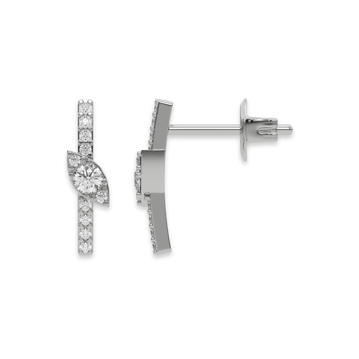 Front and side profile view of a prong-set round diamond stud earring set in white gold, featuring a vertical bar and marquise cluster accent with post back.