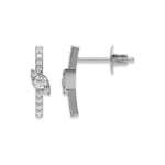 Front and side profile view of a prong-set round diamond stud earring set in white gold, featuring a vertical bar and marquise cluster accent with post back.