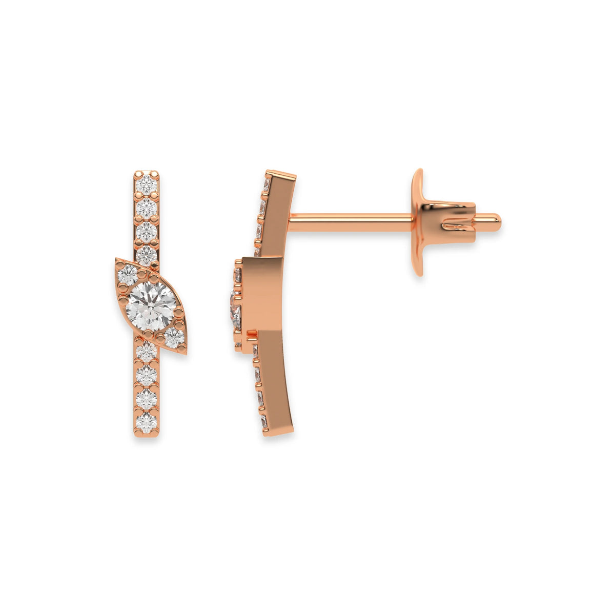 Front and side profile view of a prong-set round diamond stud earring set in rose gold, featuring a vertical bar and marquise cluster accent with post back.