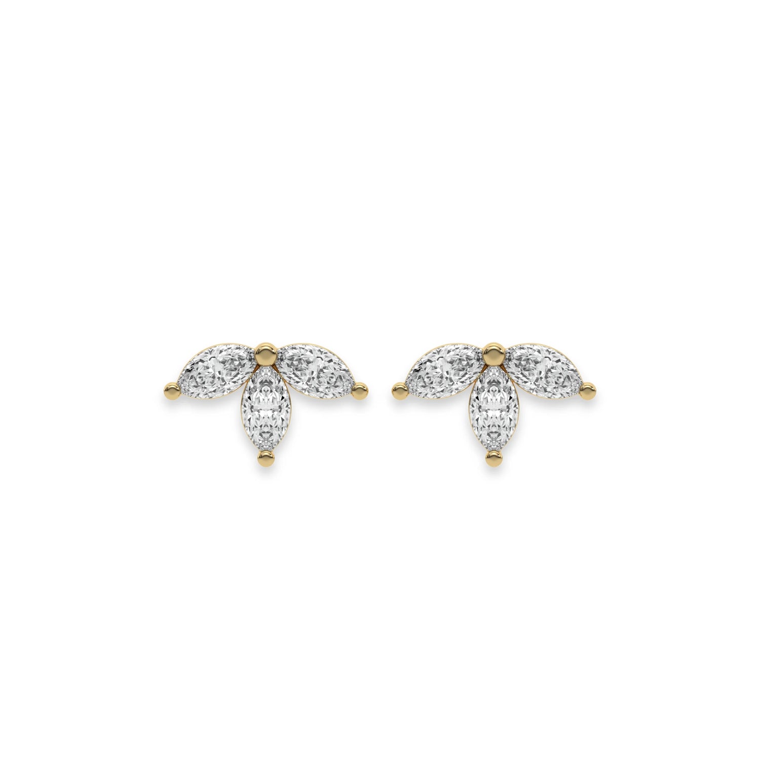 This yellow gold Marquise Crown Earrings made with three marquise diamonds and arranged to form a crown-like shape, securely set in prong setting in top view