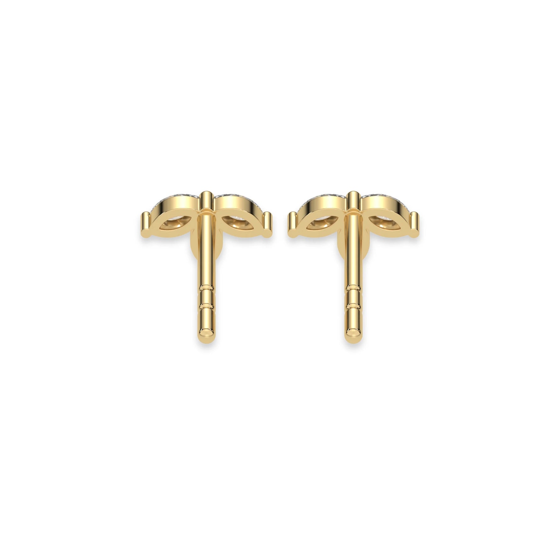 This yellow gold Marquise Crown Earrings made with three marquise diamonds and arranged to form a crown-like shape, securely set in prong setting in back view