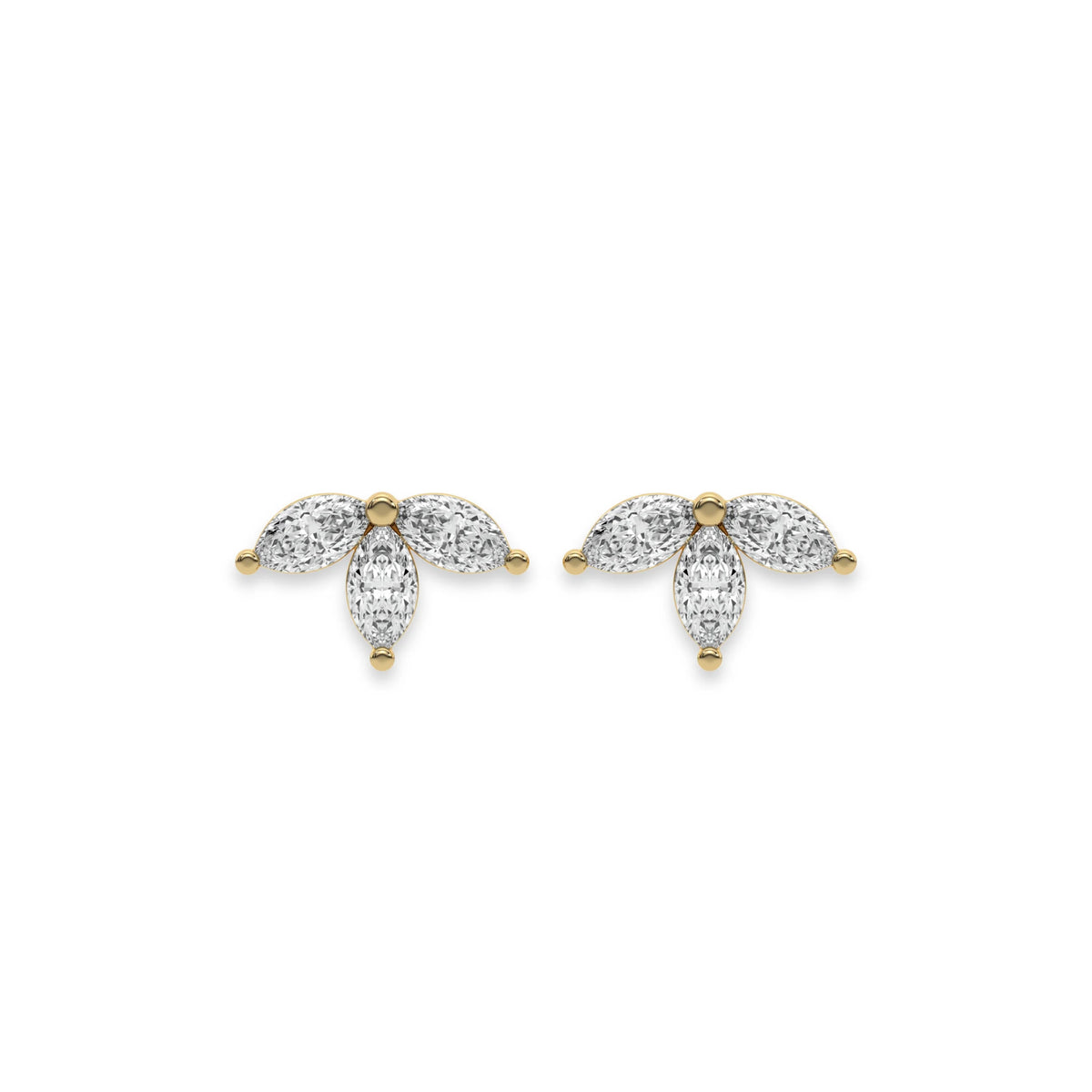 This yellow gold Marquise Crown Earrings made with three marquise diamonds and arranged to form a crown-like shape, securely set in prong setting in top view