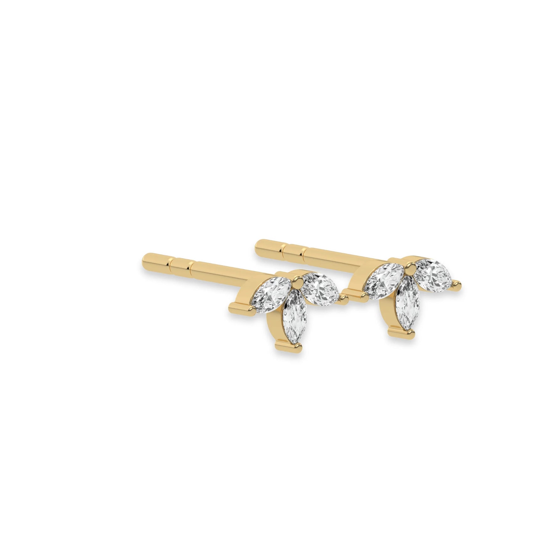 This yellow gold Marquise Crown Earrings made with three marquise diamonds and arranged to form a crown-like shape, securely set in prong setting in side view