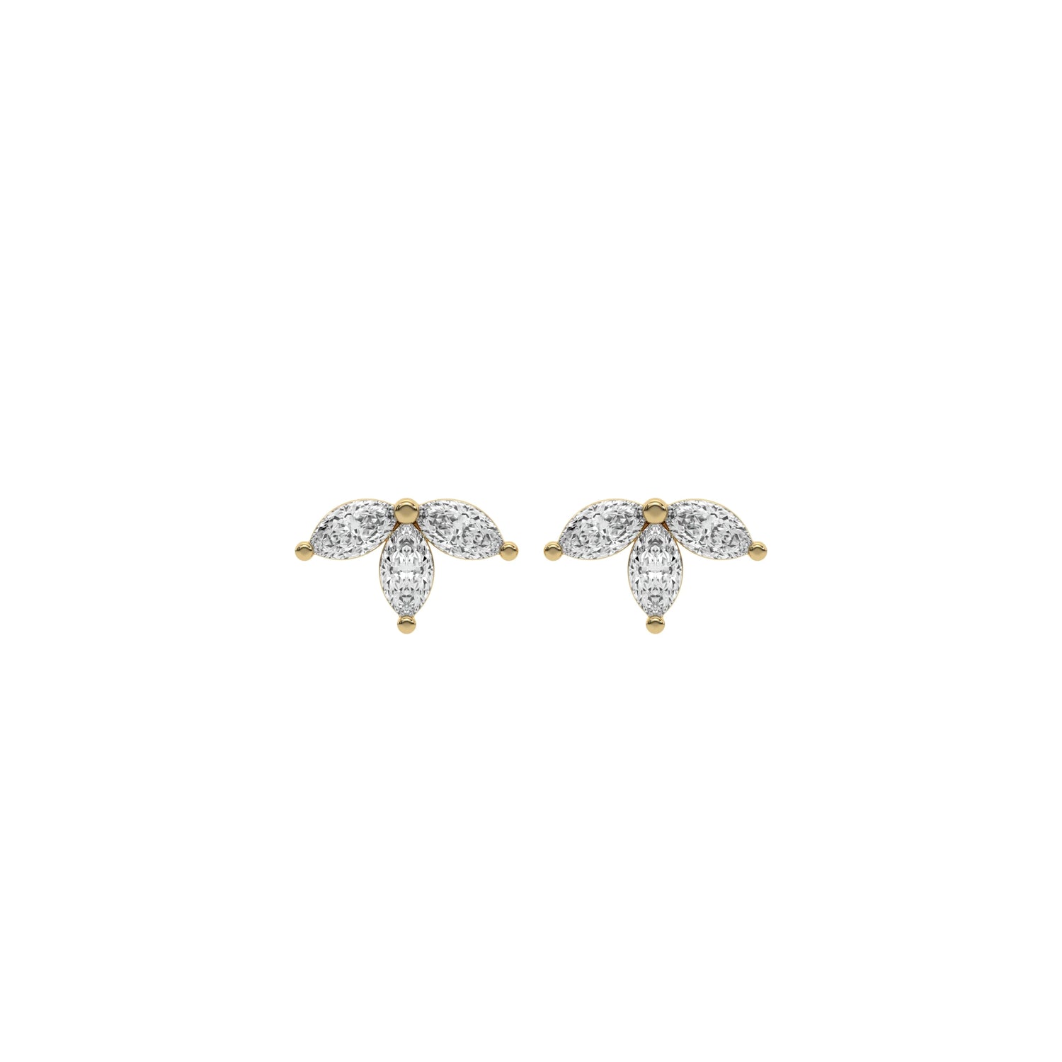 18k yellow gold marquise cut diamond arranged in half flower and set in prongs.
