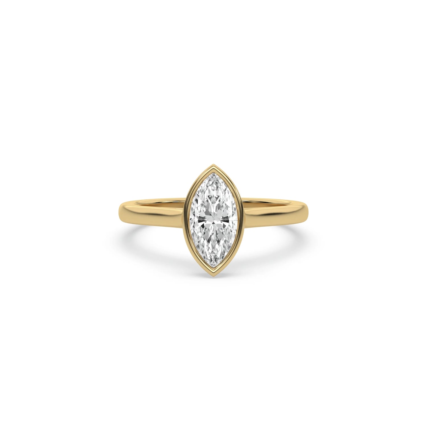 Minimalist yellow gold bezel solitaire diamond engagement ring showcasing an eye-shaped marquise center stone on a classic tapered gold band.