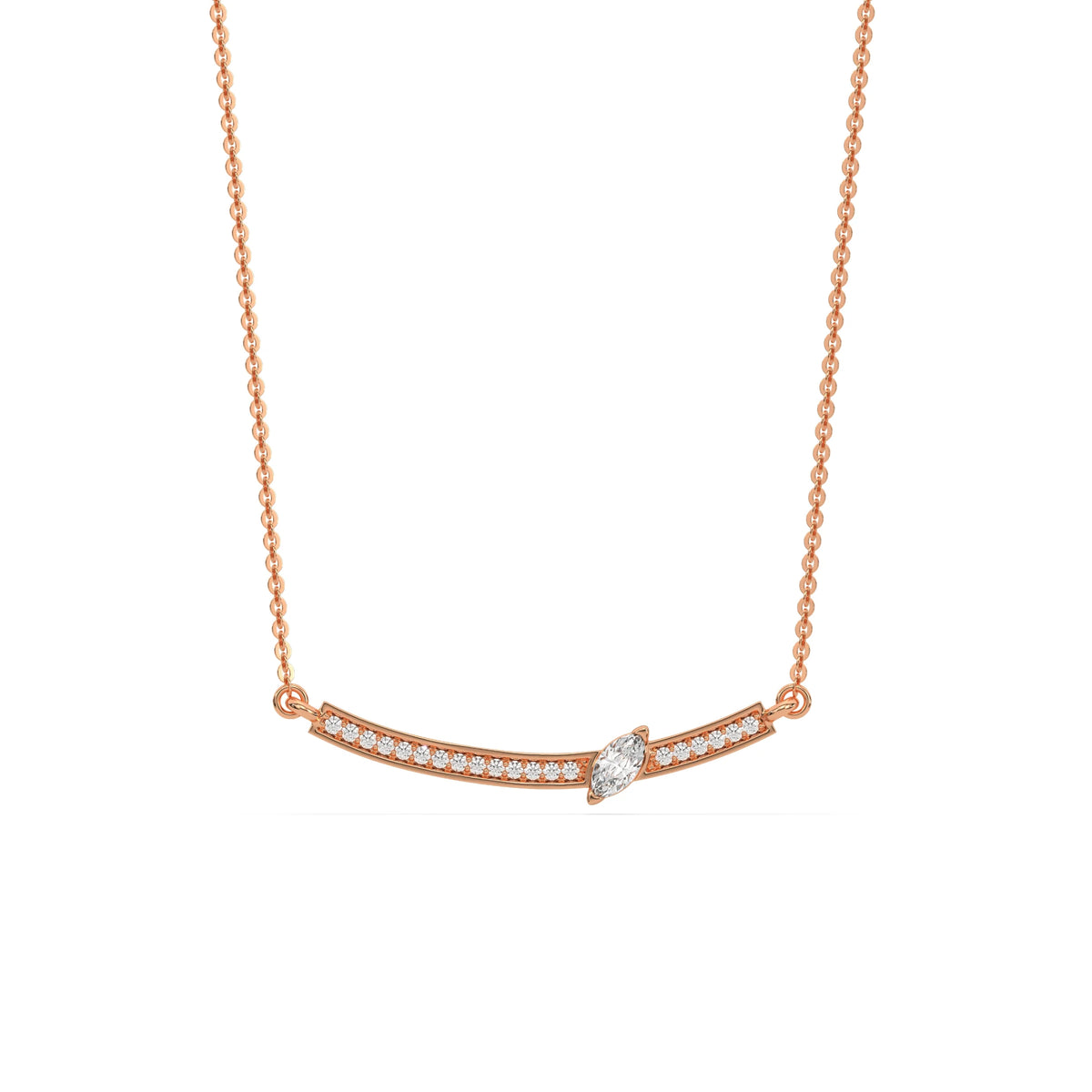 18K Rose Gold Marquise and Round Cut Diamond Curved Bar Necklace