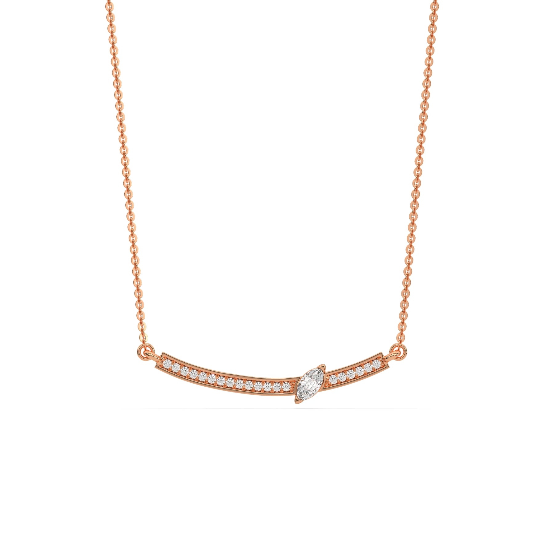 18K Rose Gold Marquise and Round Cut Diamond Curved Bar Necklace