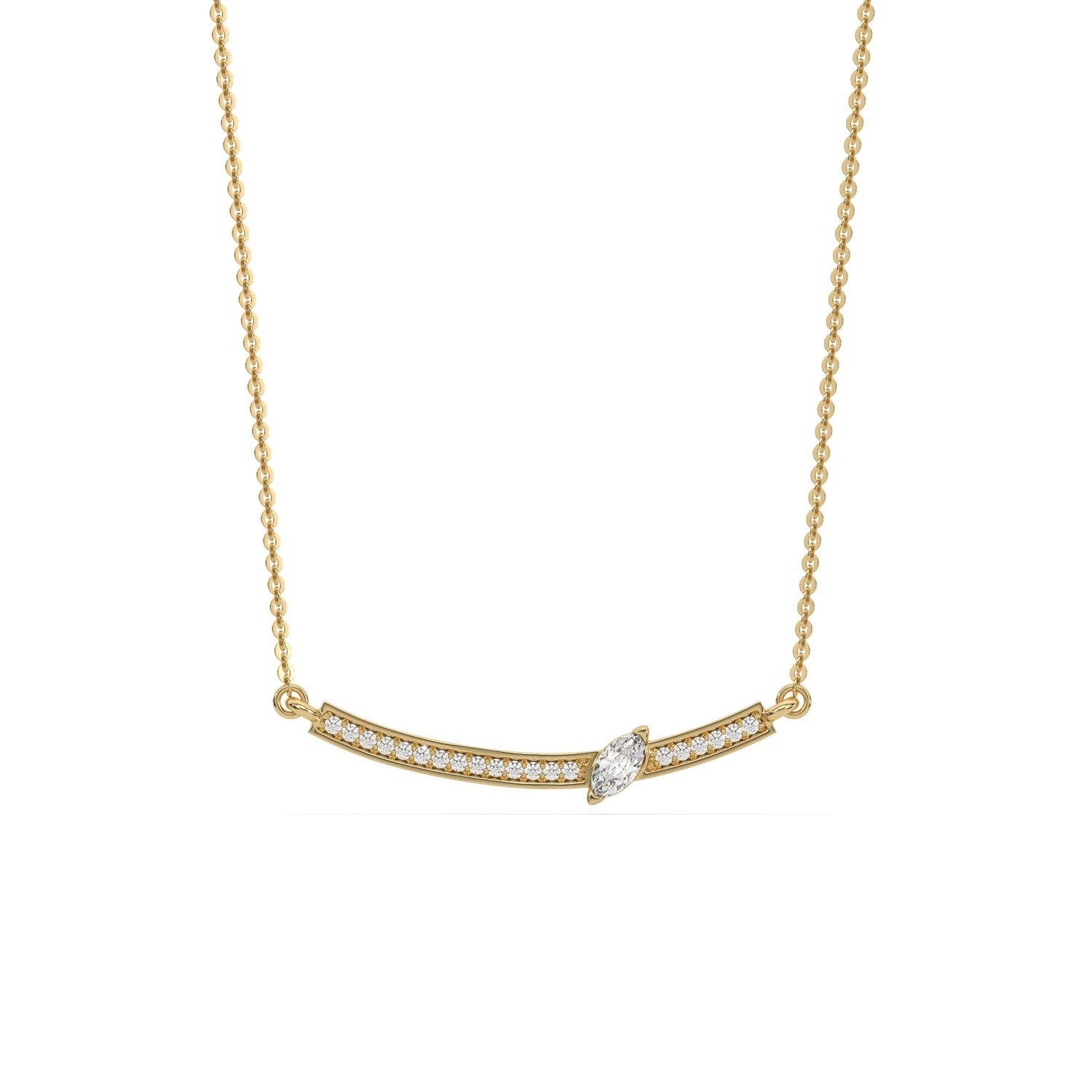 18K Yellow Gold Marquise and Round Cut Diamond Curved Bar Necklace