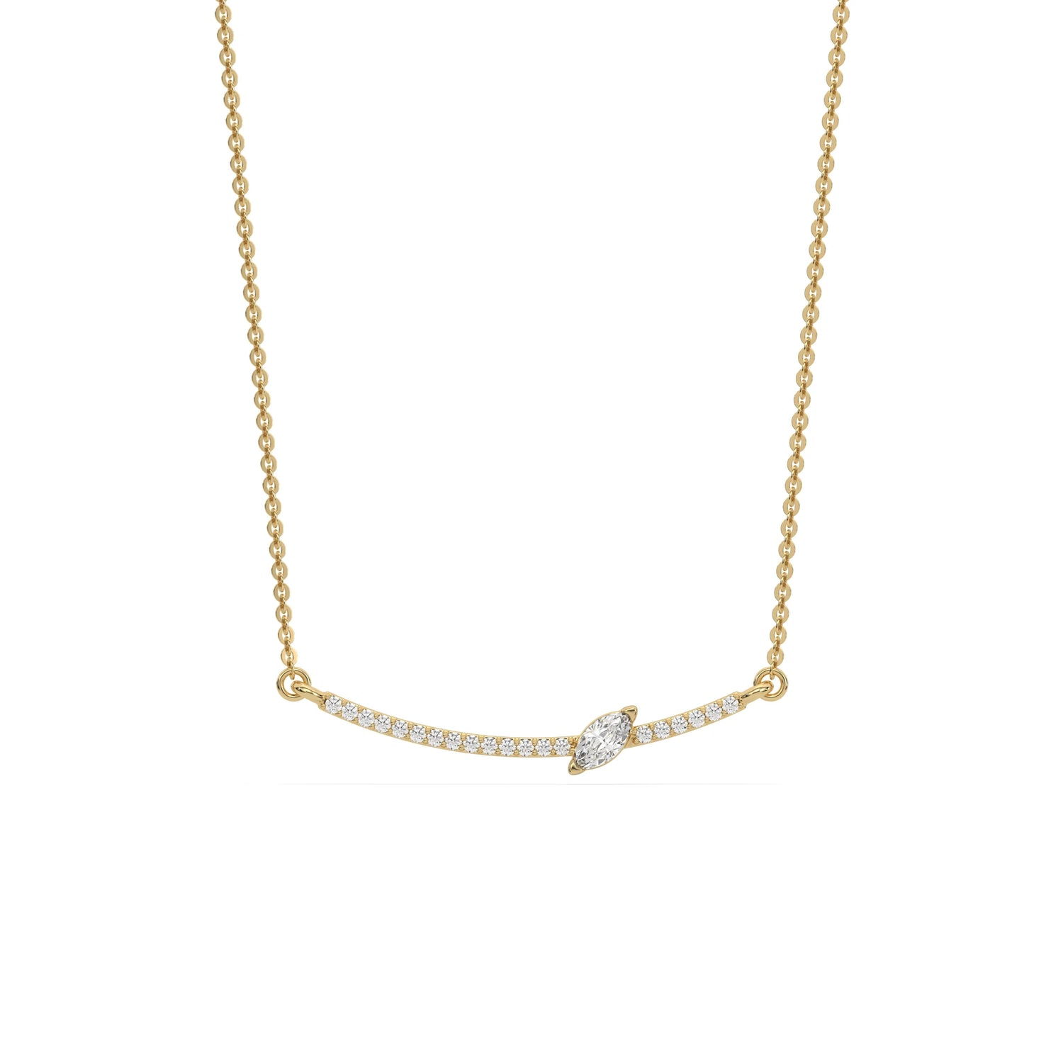 18K Yellow Gold Marquise and Round Cut Diamond Curved Bar Necklace