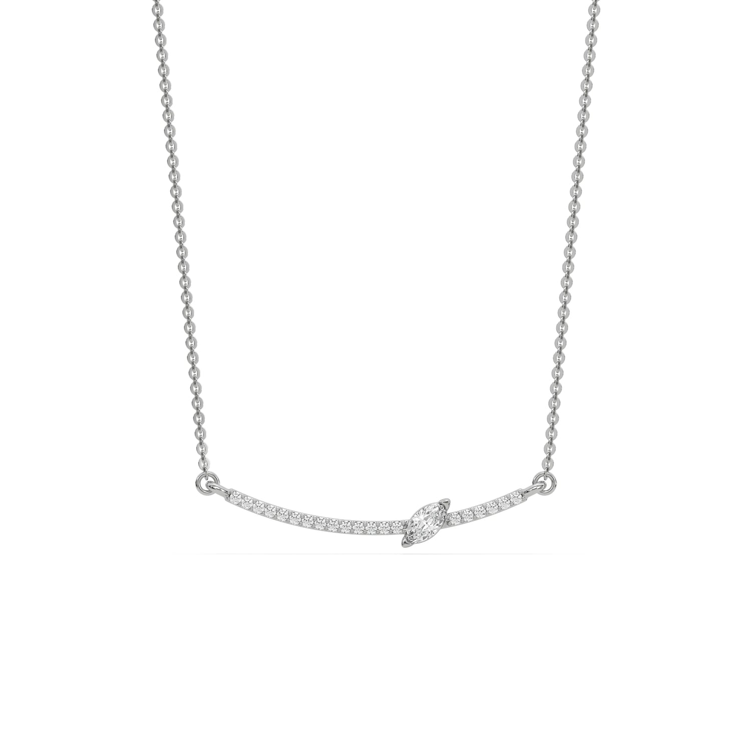 18K White Gold Marquise and Round Cut Diamond Curved Bar Necklace