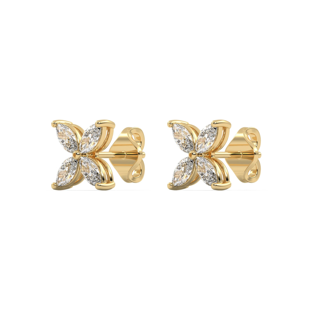 This yellow gold diamond earrings form a floral pattern with four marquise diamonds, and each diamond is securely placed in a two-prong setting in side view