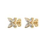 This yellow gold diamond earrings form a floral pattern with four marquise diamonds, and each diamond is securely placed in a two-prong setting in side view