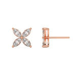 This rose gold diamond earrings form a floral pattern with four marquise diamonds, and each diamond is securely placed in a two-prong setting in top view and side view