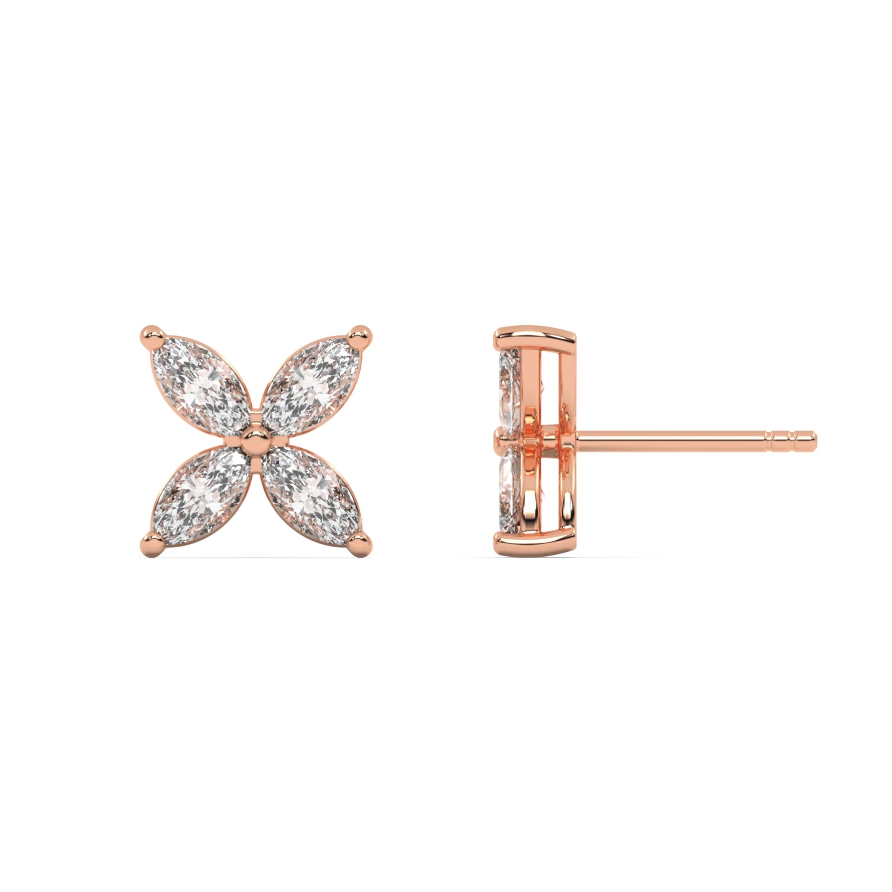 This rose gold diamond earrings form a floral pattern with four marquise diamonds, and each diamond is securely placed in a two-prong setting in top view and side view