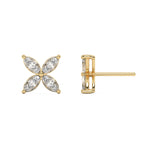 This yellow gold diamond earrings form a floral pattern with four marquise diamonds, and each diamond is securely placed in a two-prong setting in top view and side view