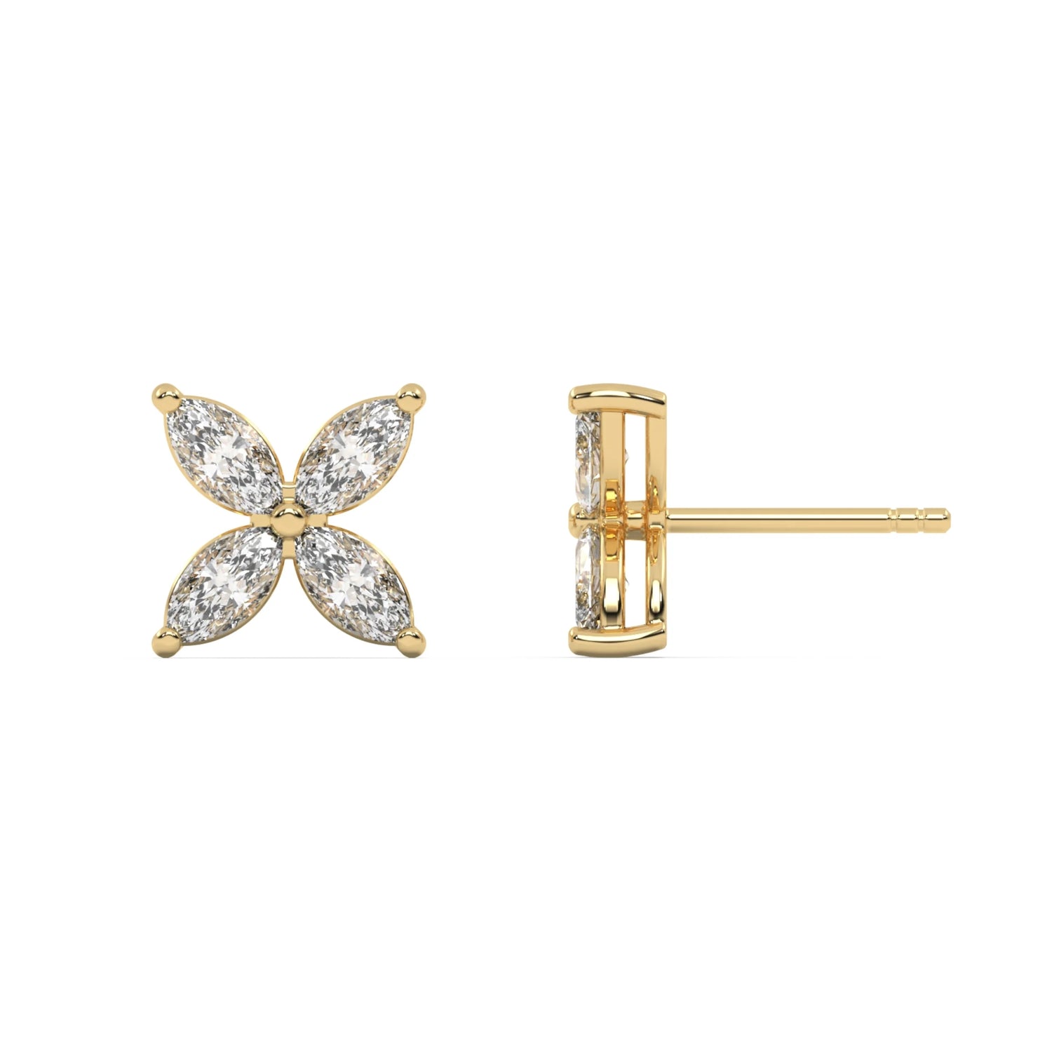 This yellow gold diamond earrings form a floral pattern with four marquise diamonds, and each diamond is securely placed in a two-prong setting in top view and side view