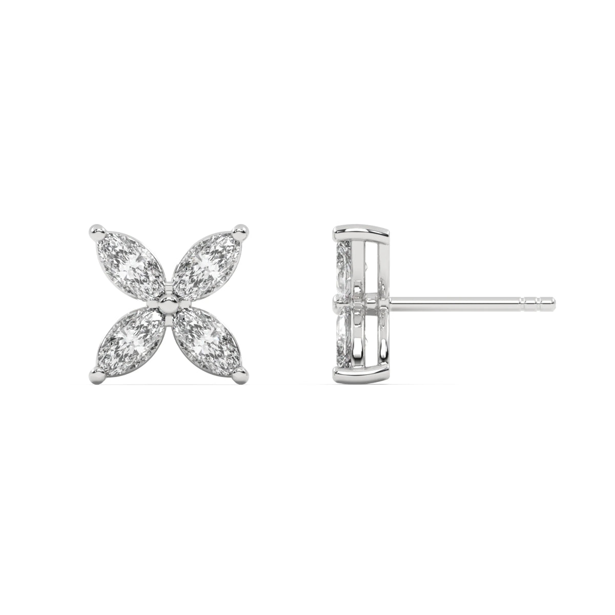 This white gold diamond earrings form a floral pattern with four marquise diamonds, and each diamond is securely placed in a two-prong setting in top view and side view