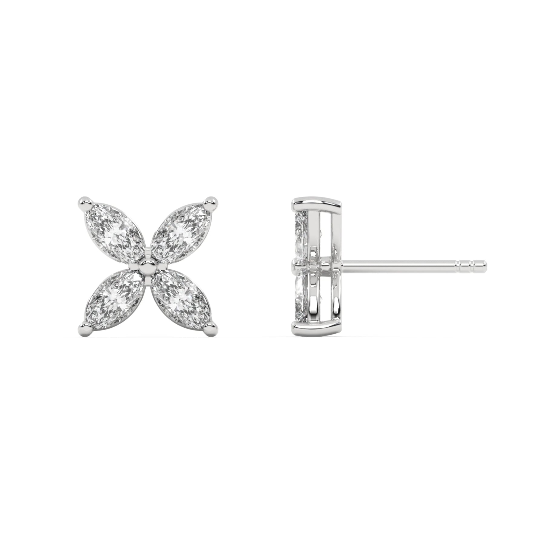 This white gold diamond earrings form a floral pattern with four marquise diamonds, and each diamond is securely placed in a two-prong setting in top view and side view