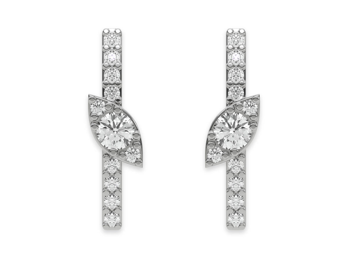 14k white gold round cut diamond marquise shape bar stud earrings set in prongs.