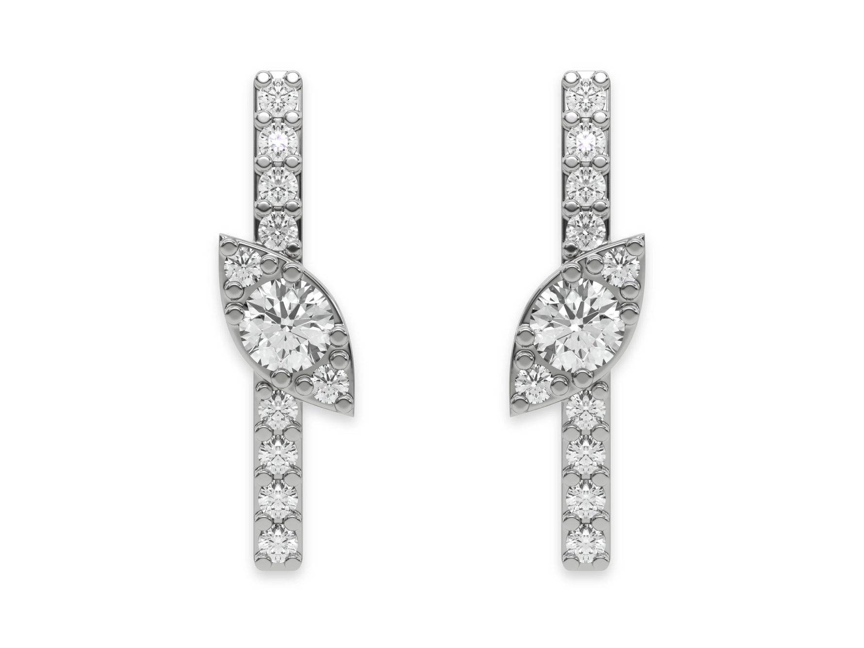 14k white gold round cut diamond marquise shape bar stud earrings set in prongs.