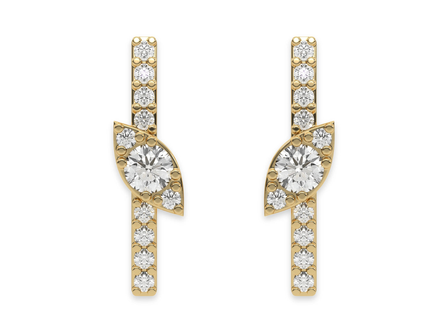 14k yellow gold round cut diamond marquise shape bar stud earrings set in prongs.