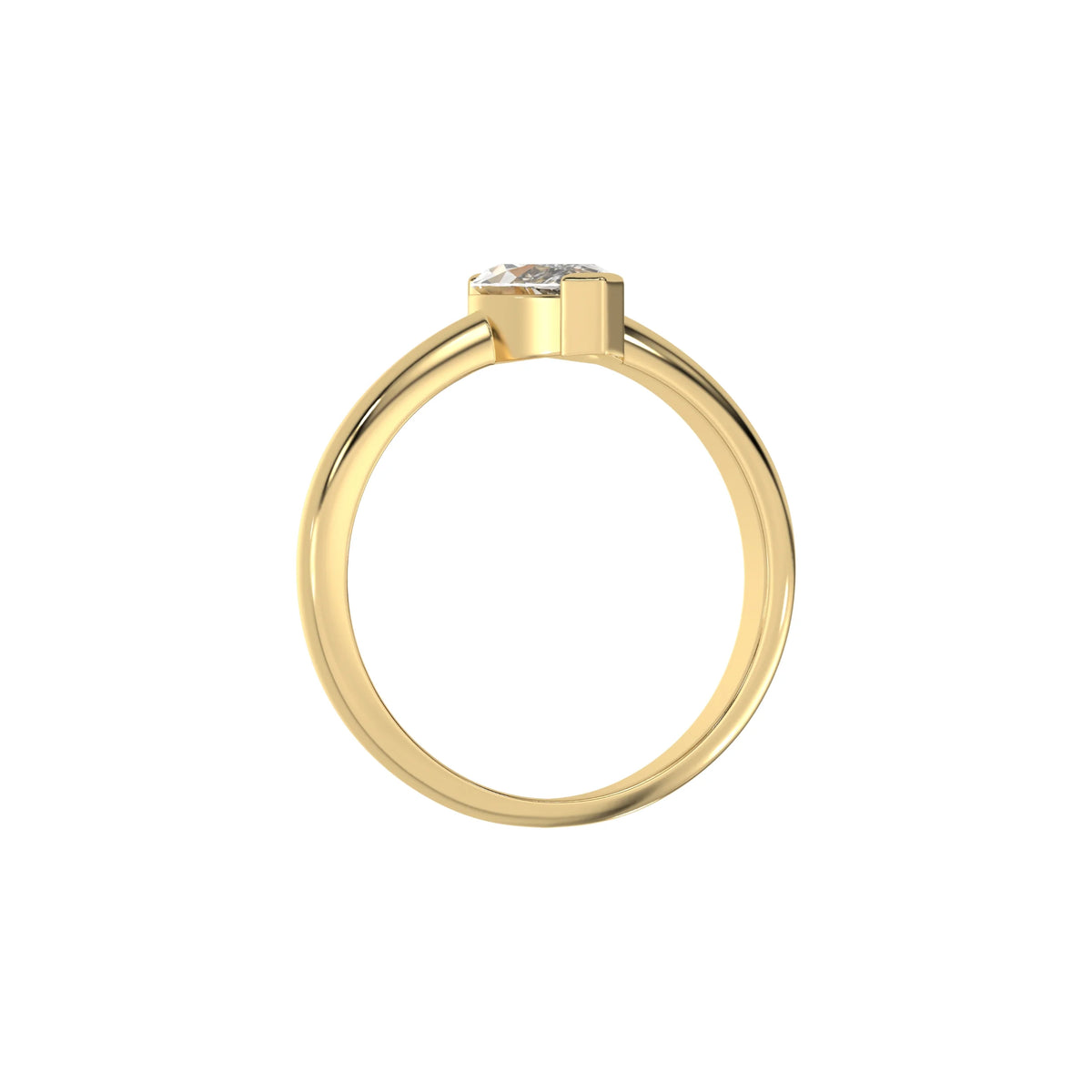 This yellow gold ring features a marquise solitaire diamond elegantly secured in a two v-prong setting on a solid gold band in through finger view