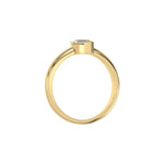 This yellow gold ring features a marquise solitaire diamond elegantly secured in a two v-prong setting on a solid gold band in through finger view