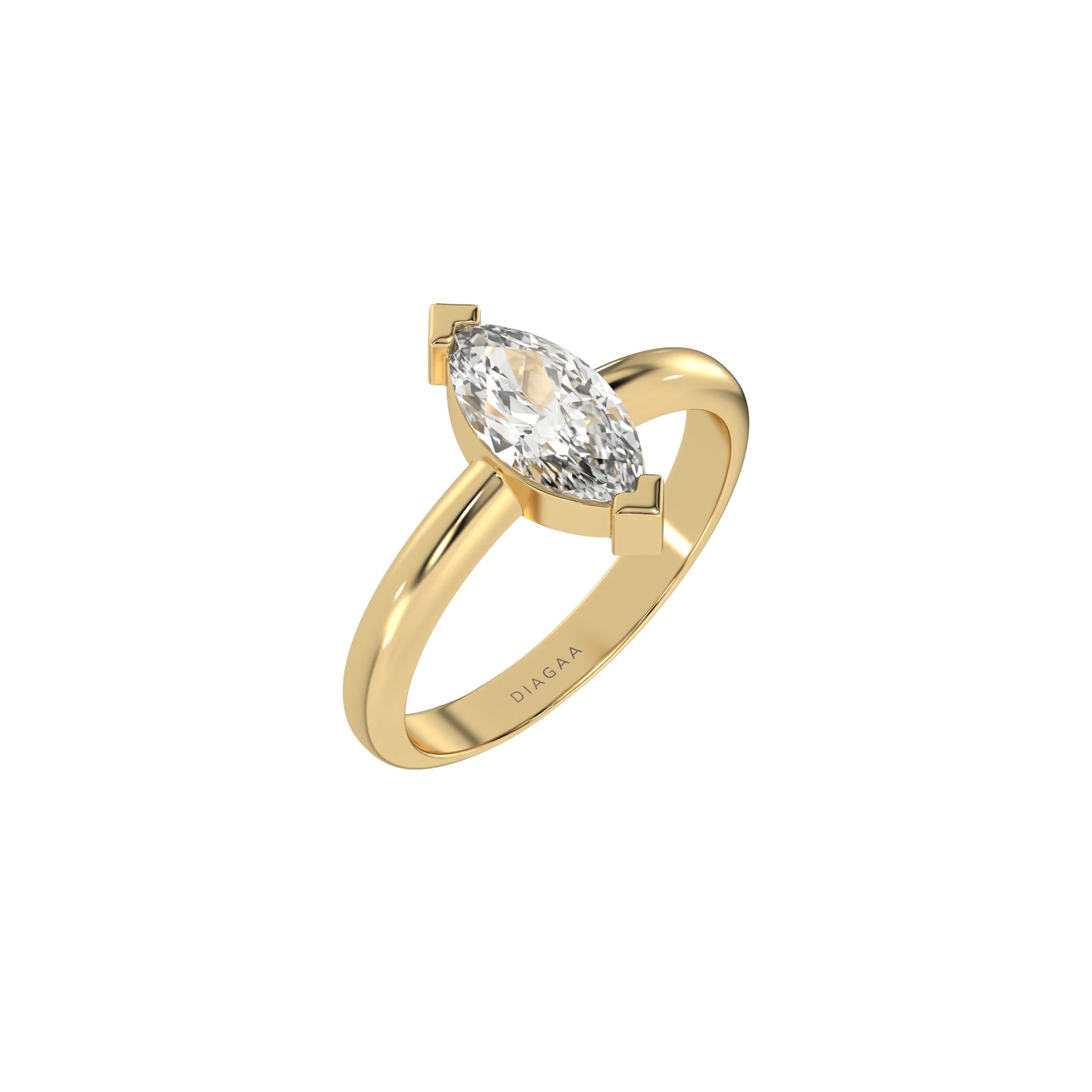 This yellow gold ring features a marquise solitaire diamond elegantly secured in a two v-prong setting on a solid gold band in 3D view