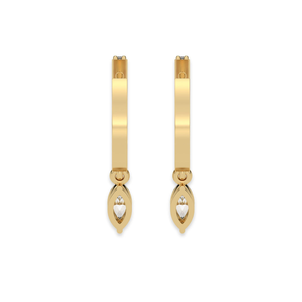 This yellow gold Dangling Marquise Diamond Hoop Earrings handmade with round brilliant-cut diamonds in prong setting and a marquise solitaire hanging at the bottom in back view