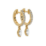 This yellow gold Dangling Marquise Diamond Hoop Earrings handmade with round brilliant-cut diamonds in prong setting and a marquise solitaire hanging at the bottom in side view