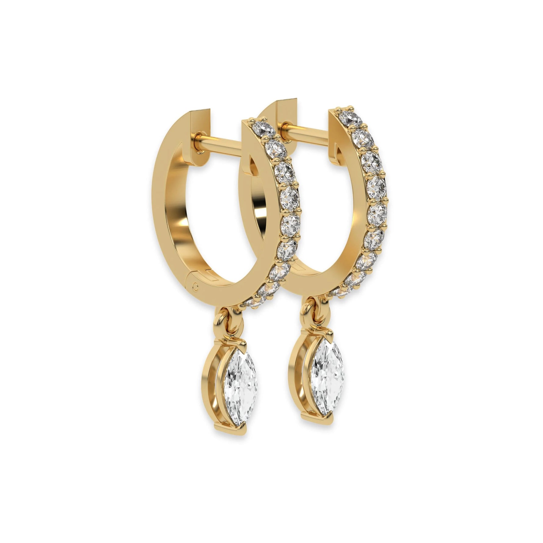 This yellow gold Dangling Marquise Diamond Hoop Earrings handmade with round brilliant-cut diamonds in prong setting and a marquise solitaire hanging at the bottom in side view