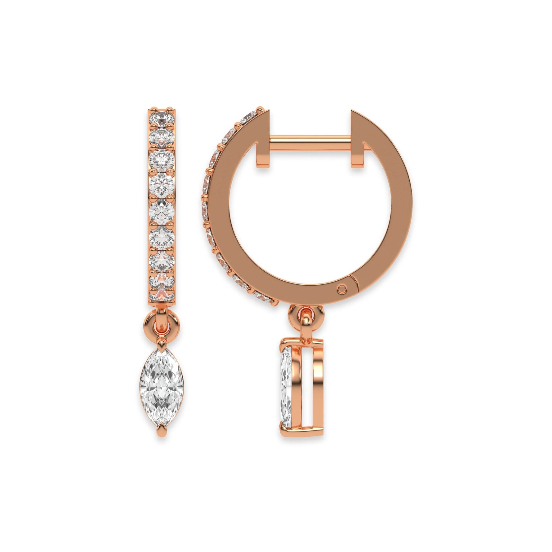 This rose gold Dangling Marquise Diamond Hoop Earrings handmade with round brilliant-cut diamonds in prong setting and a marquise solitaire hanging at the bottom in top view and side view