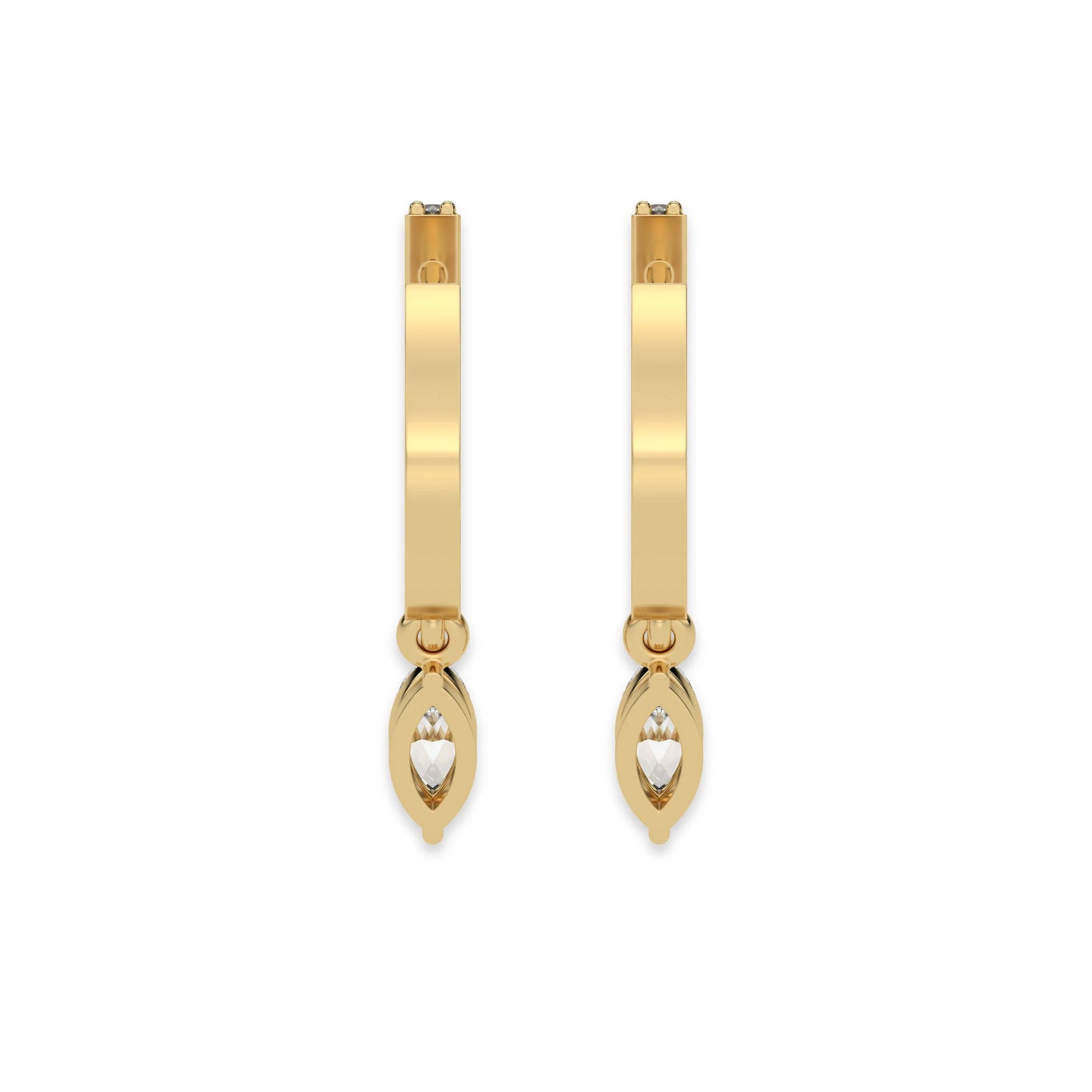 This yellow gold Dangling Marquise Diamond Hoop Earrings handmade with round brilliant-cut diamonds in prong setting and a marquise solitaire hanging at the bottom in back view