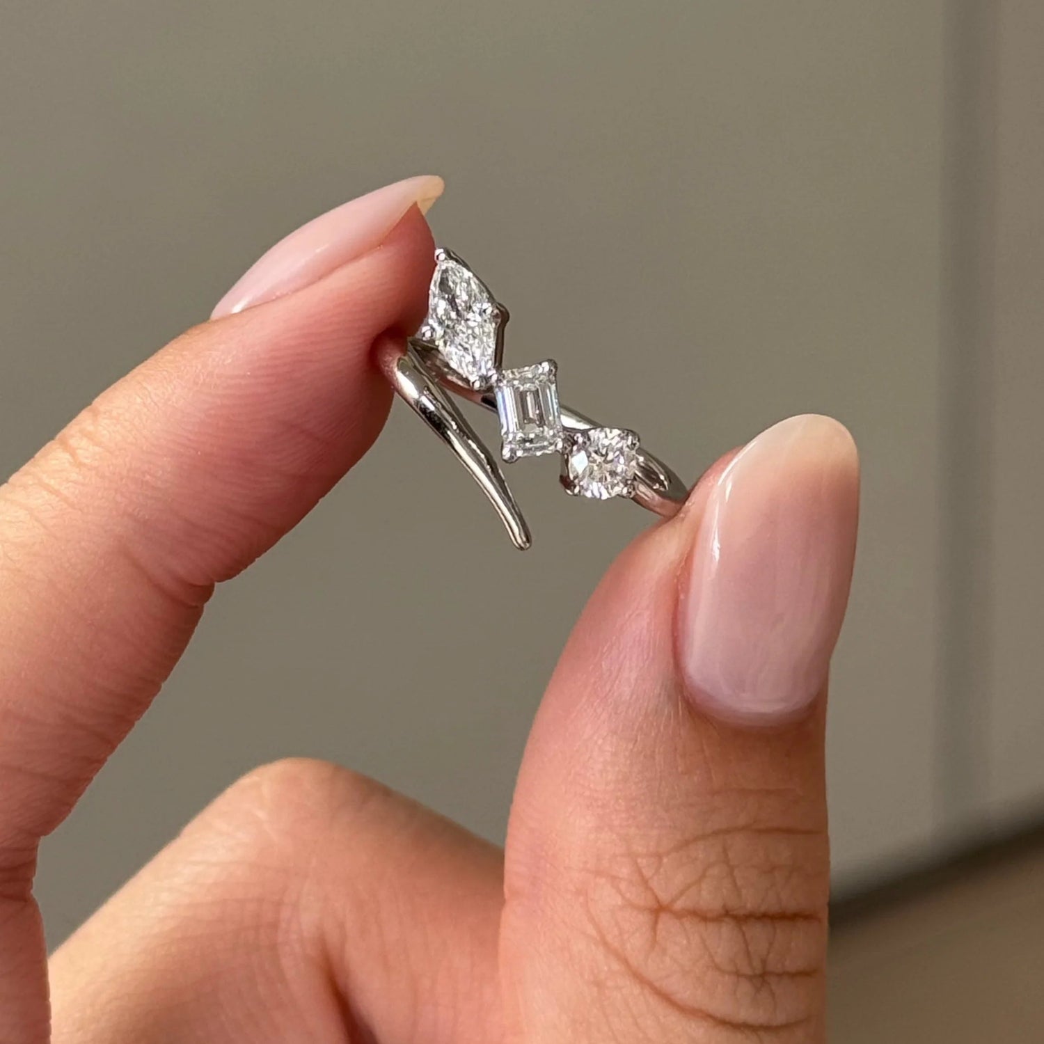 Lab Grown Emerald, Marquise, Round Cut Diamond Ring