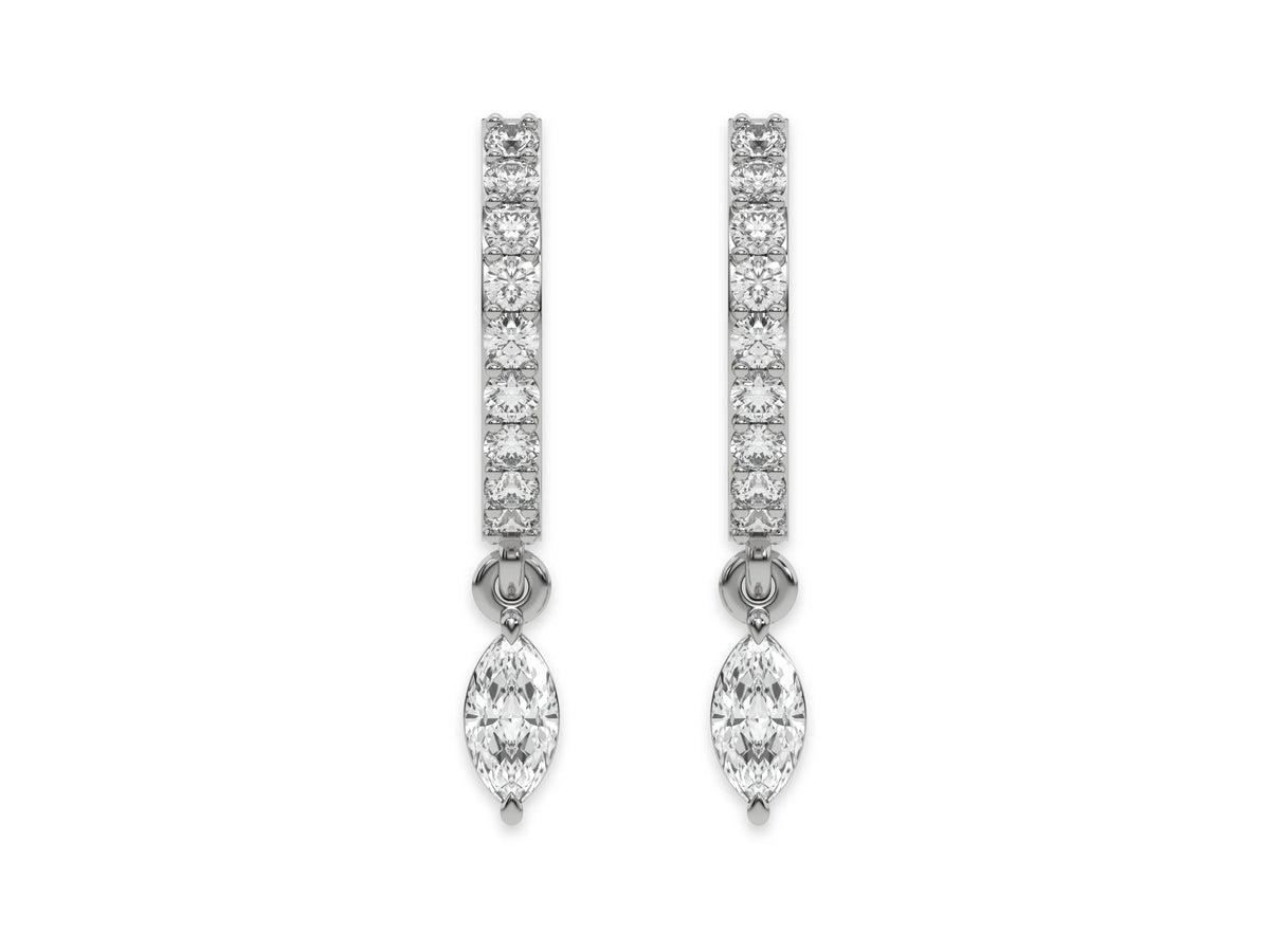 10k white gold natural dangling marquise diamond hoop earrings with round brilliant cut diamonds in prong setting in hoop and a marquise solitaire hanging at the bottom.