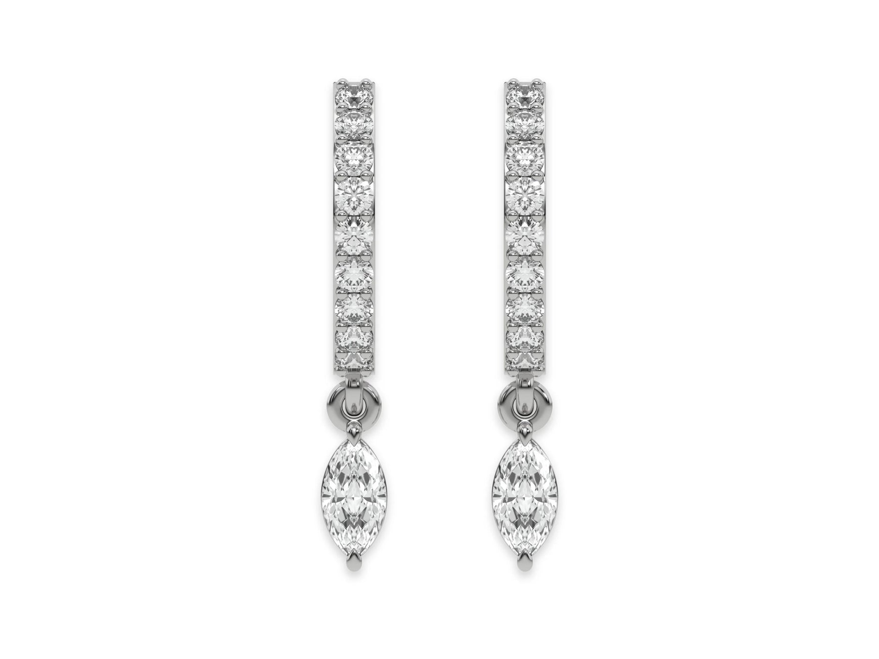 10k white gold natural dangling marquise diamond hoop earrings with round brilliant cut diamonds in prong setting in hoop and a marquise solitaire hanging at the bottom.