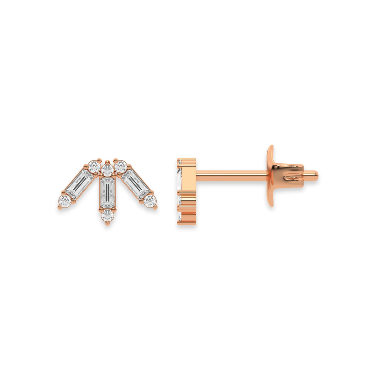 This rose gold Baguette and Round Diamond Earrings made using baguette and round brilliant-cut diamonds forming a crown like shape and securely set in prong setting in top view and side view