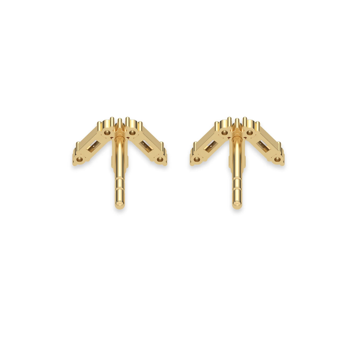 This yellow gold Baguette and Round Diamond Earrings made using baguette and round brilliant-cut diamonds forming a crown like shape and securely set in prong setting in back view