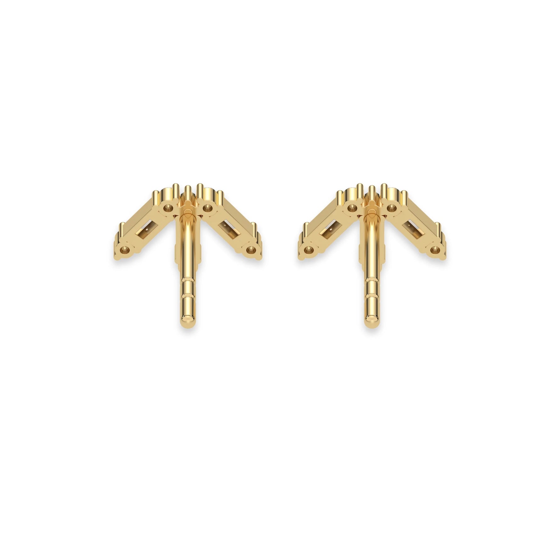 This yellow gold Baguette and Round Diamond Earrings made using baguette and round brilliant-cut diamonds forming a crown like shape and securely set in prong setting in back view