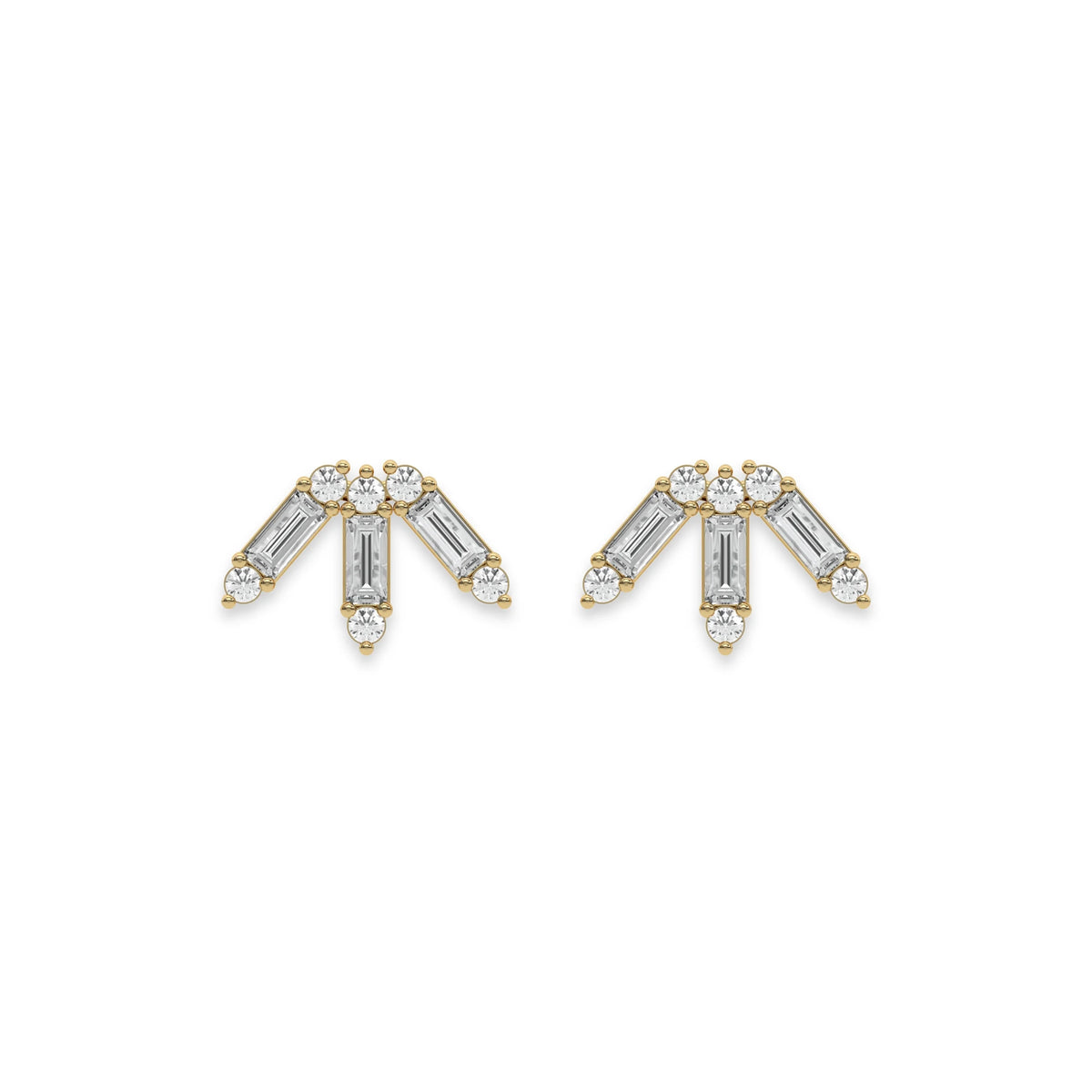 This yellow gold Baguette and Round Diamond Earrings made using baguette and round brilliant-cut diamonds forming a crown like shape and securely set in prong setting in top view