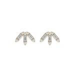 This yellow gold Baguette and Round Diamond Earrings made using baguette and round brilliant-cut diamonds forming a crown like shape and securely set in prong setting in top view