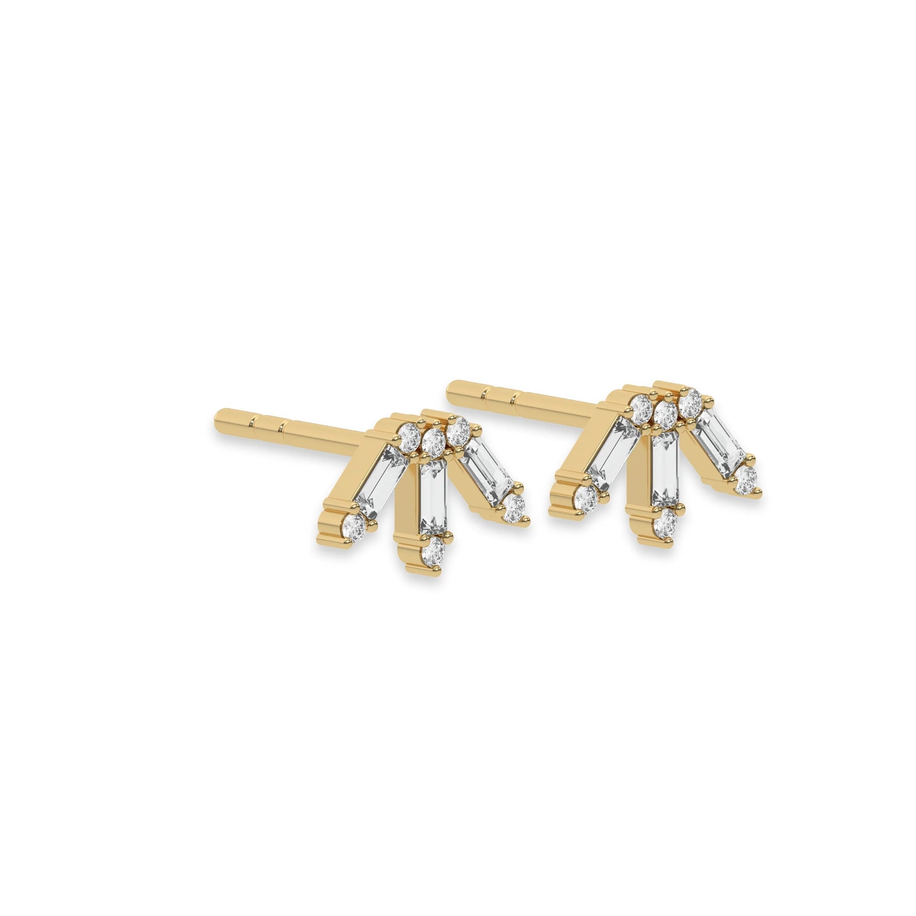 This yellow gold Baguette and Round Diamond Earrings made using baguette and round brilliant-cut diamonds forming a crown like shape and securely set in prong setting in side view