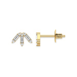 This yellow gold Baguette and Round Diamond Earrings made using baguette and round brilliant-cut diamonds forming a crown like shape and securely set in prong setting in top view and side view