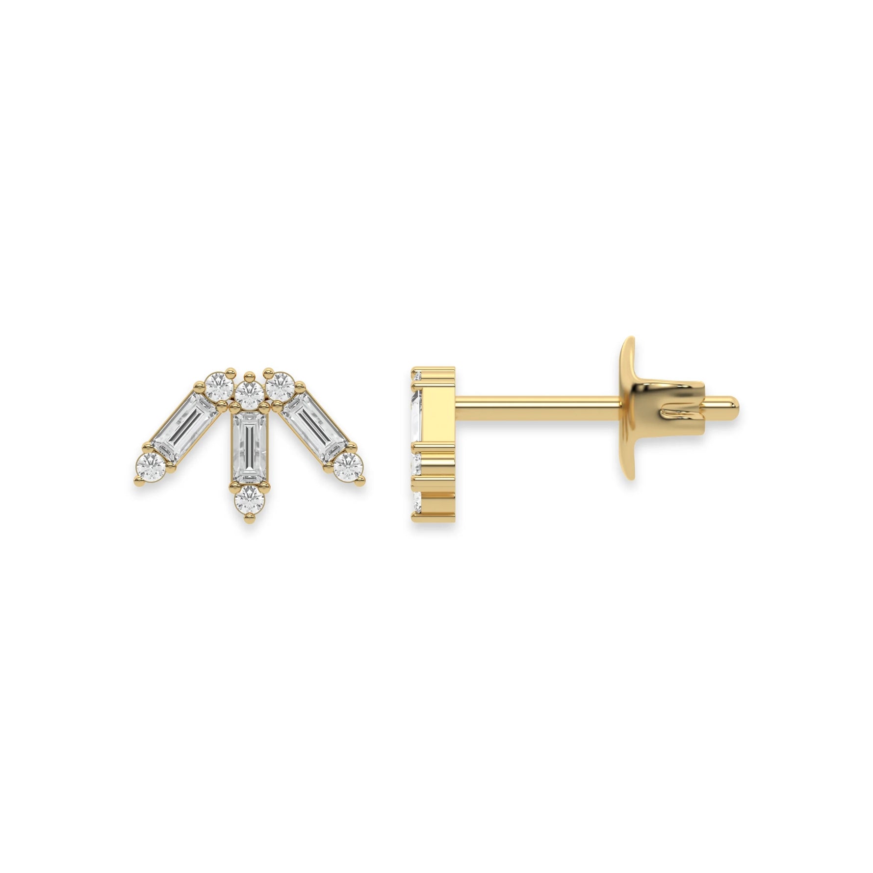 This yellow gold Baguette and Round Diamond Earrings made using baguette and round brilliant-cut diamonds forming a crown like shape and securely set in prong setting in top view and side view