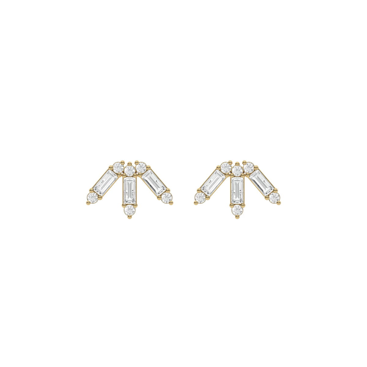 18k yellow gold baguette and round cut diamond cluster stud earrings in prong setting.