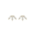 18k yellow gold baguette and round cut diamond cluster stud earrings in prong setting.