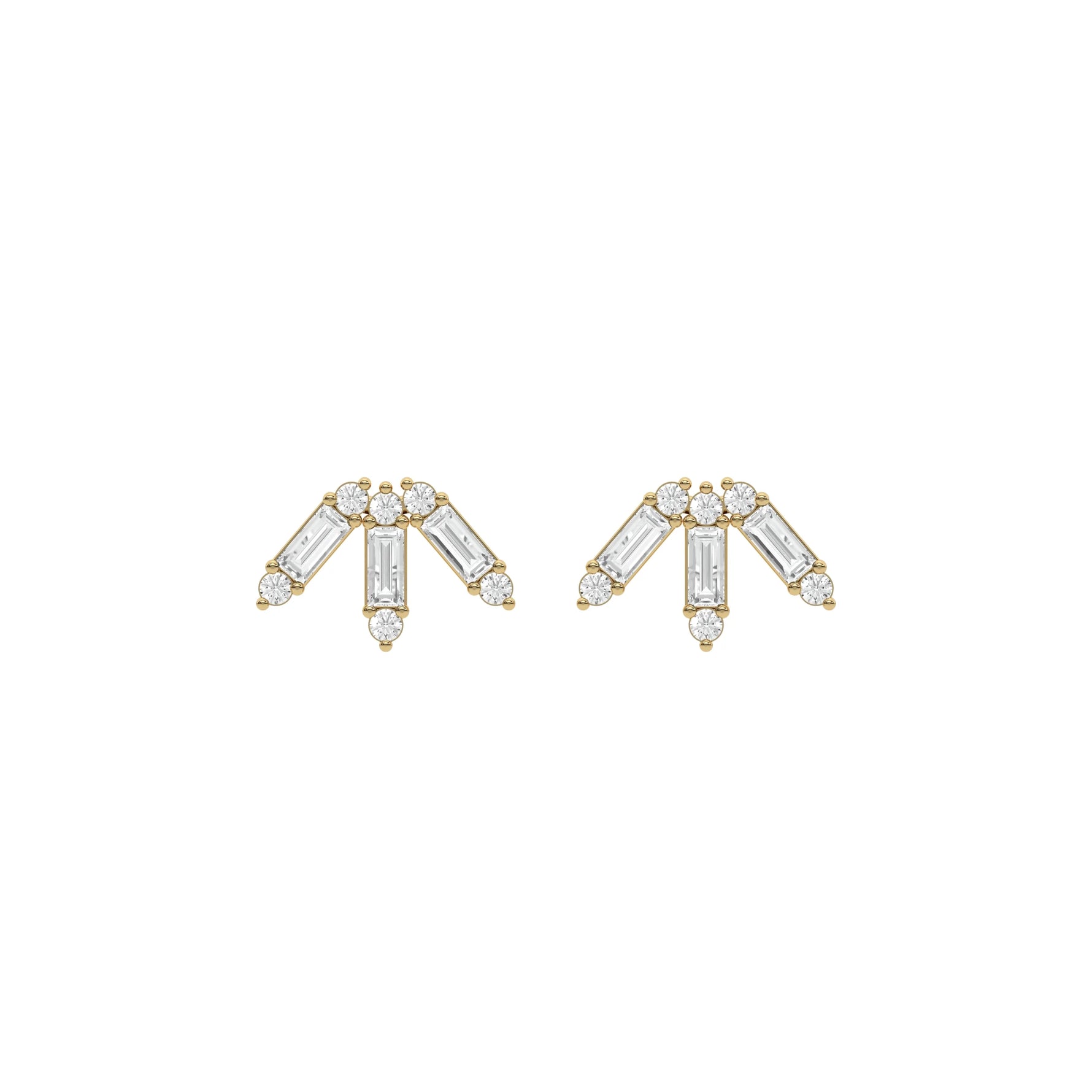18k yellow gold baguette and round cut diamond cluster stud earrings in prong setting.