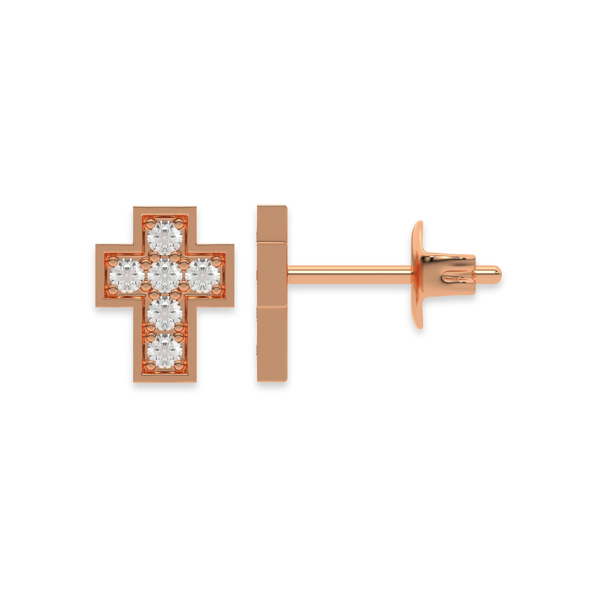 Front and side profile view of a pave-set round diamond stud earring set in rose gold, featuring a mini cross design and push-back post.