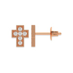 Front and side profile view of a pave-set round diamond stud earring set in rose gold, featuring a mini cross design and push-back post.