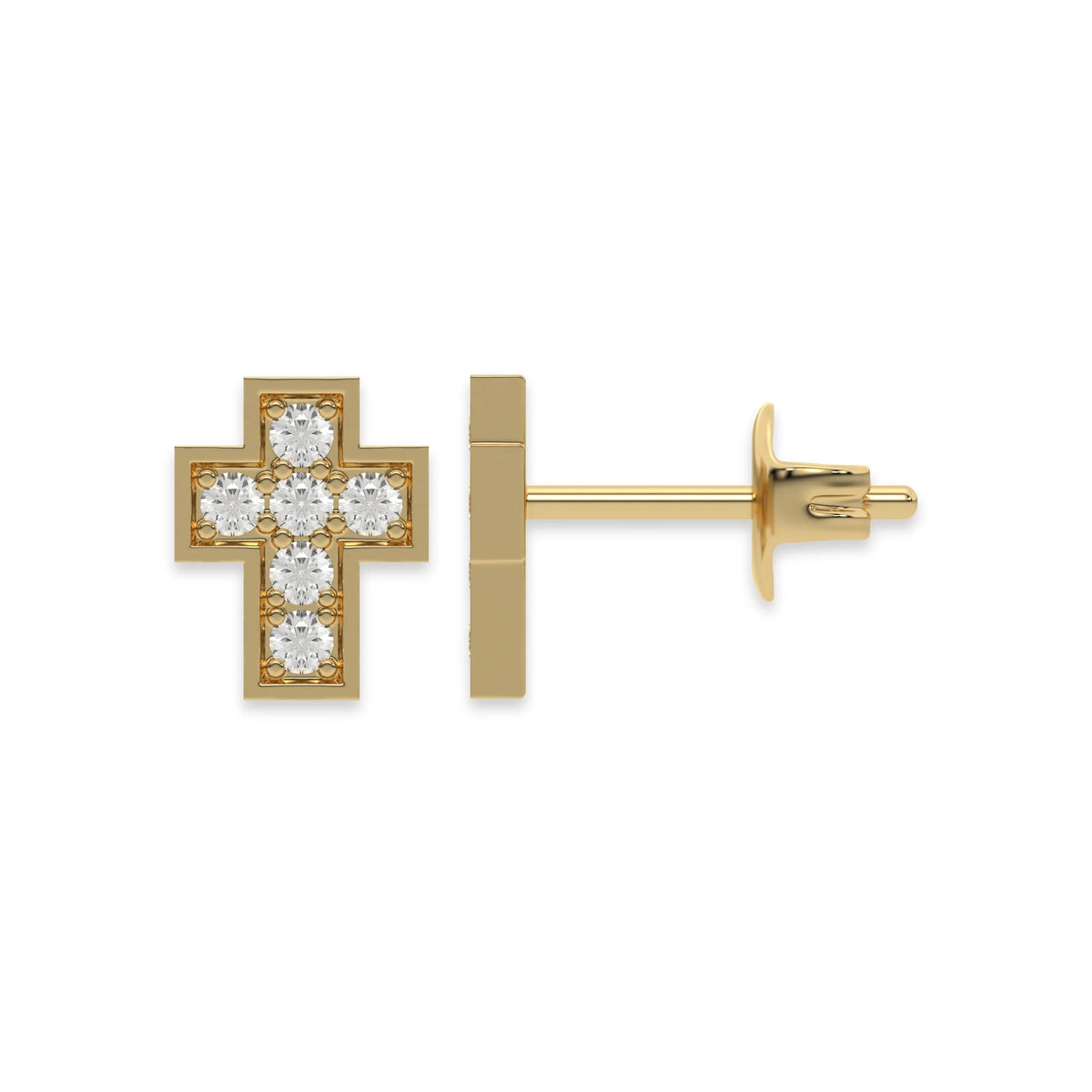 Front and side profile view of a pave-set round diamond stud earring set in yellow gold, featuring a mini cross design and push-back post.